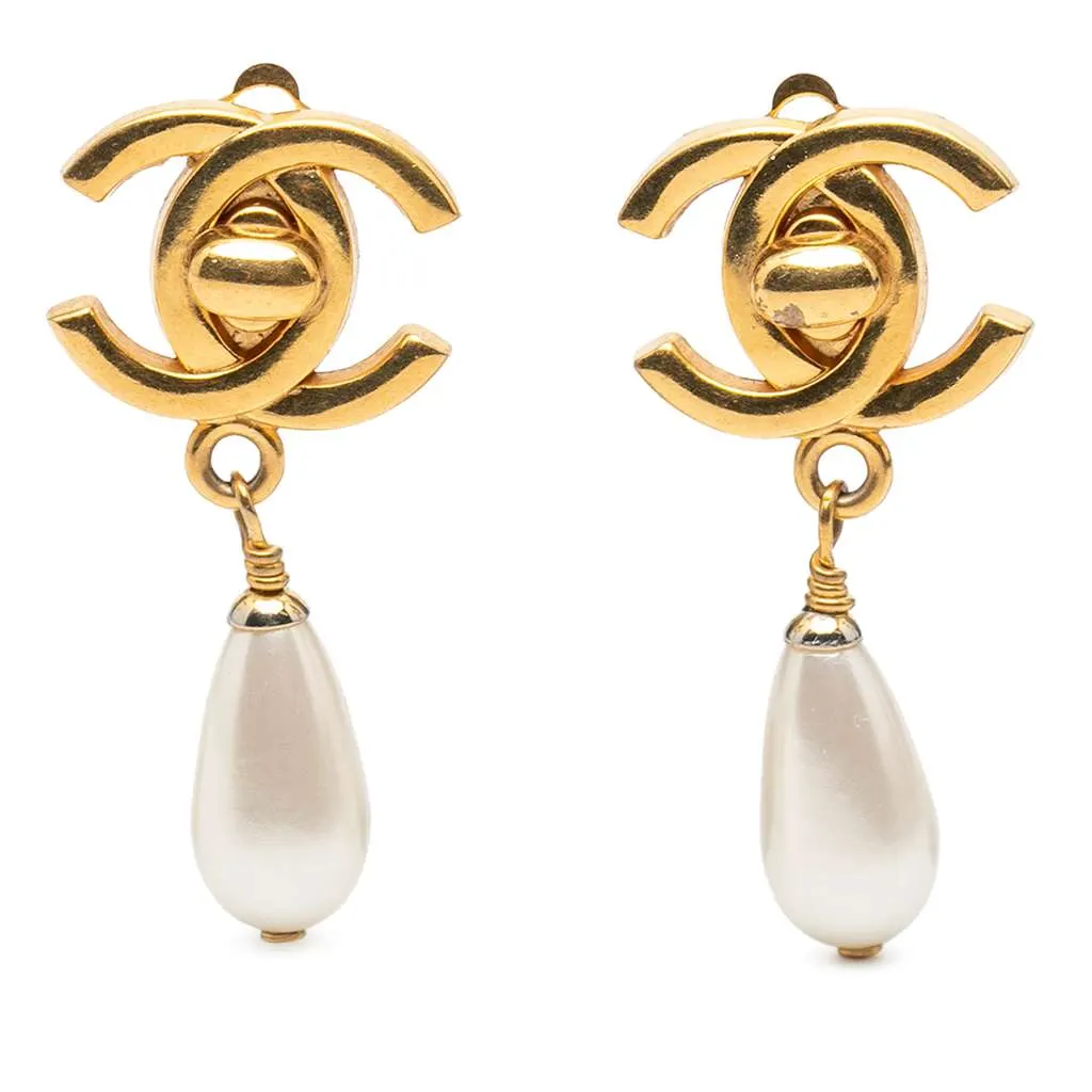 Chanel CC Gold Plated Turnlock Faux Pearl Drop Clip On Earrings Gold Metal Good - Front View
