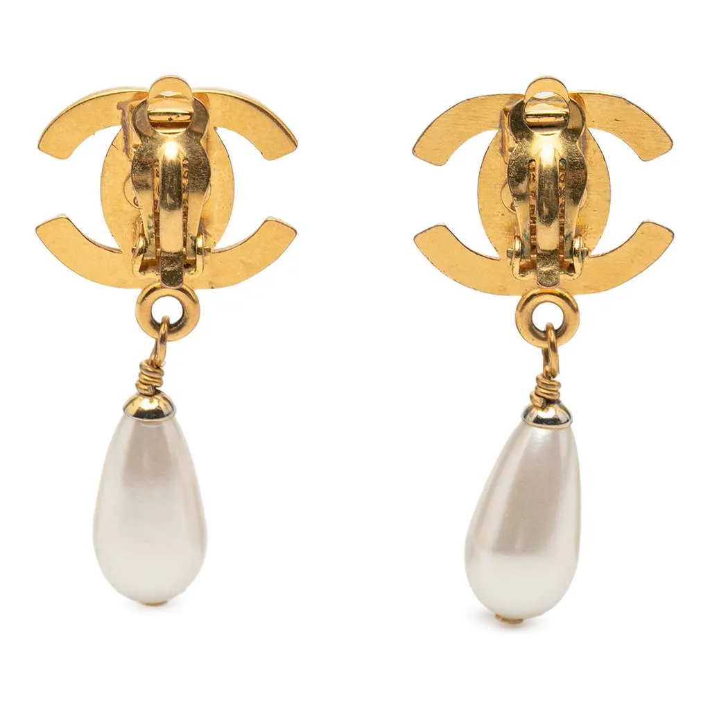 Chanel CC Gold Plated Turnlock Faux Pearl Drop Clip On Earrings Gold Metal Good - Back View