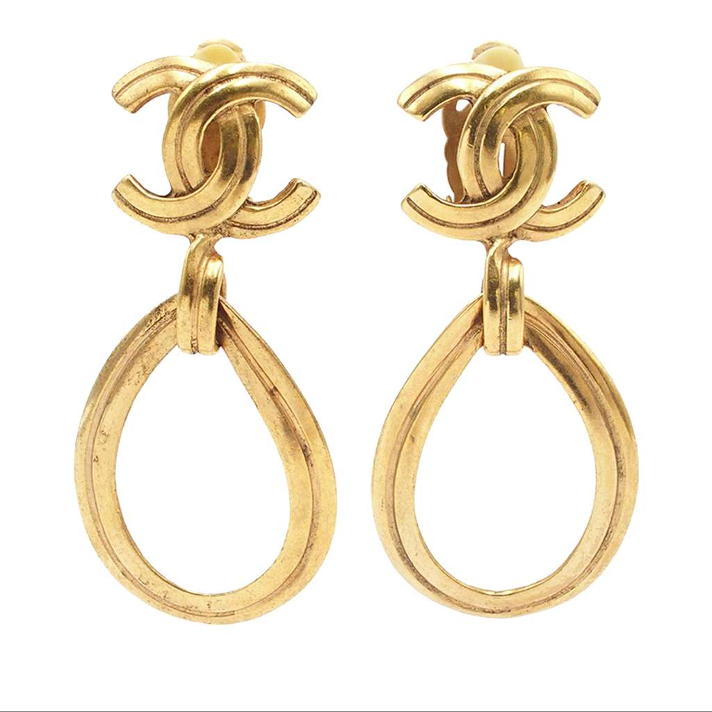 Chanel CC Gold Plated Teardrop Dangle Hoop Clip On Earrings