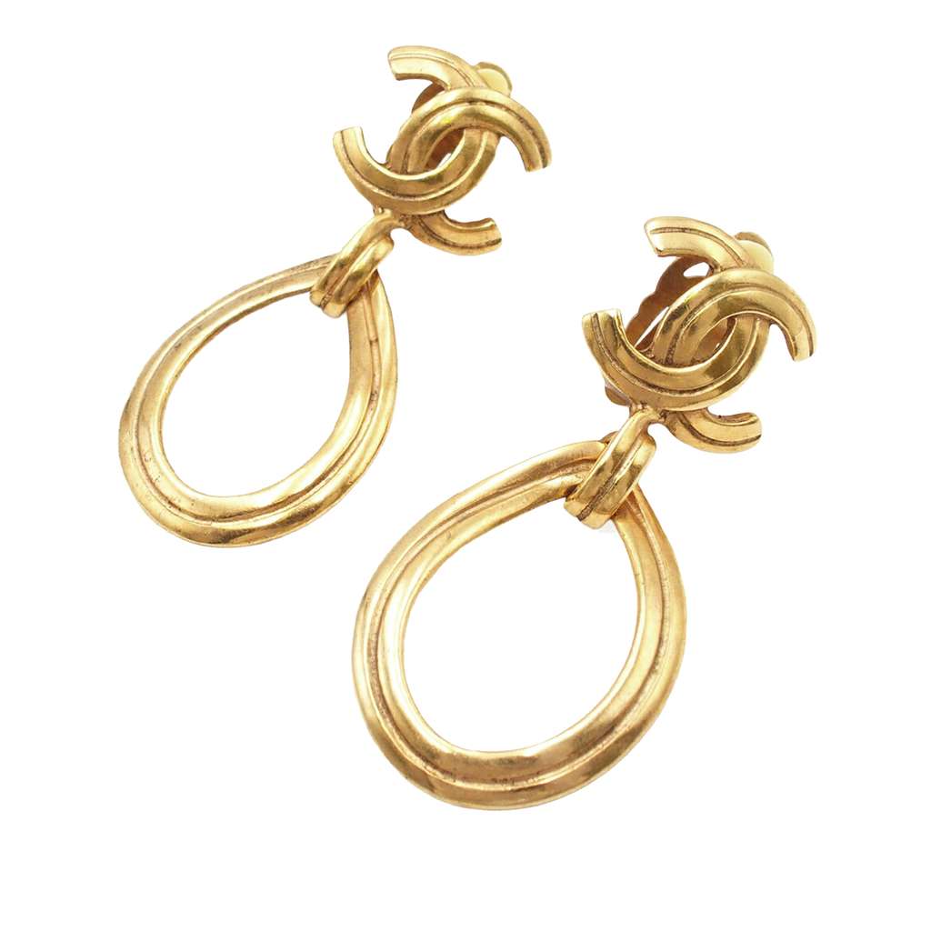 Chanel CC Gold Plated Teardrop Dangle Hoop Clip On Earrings - 2