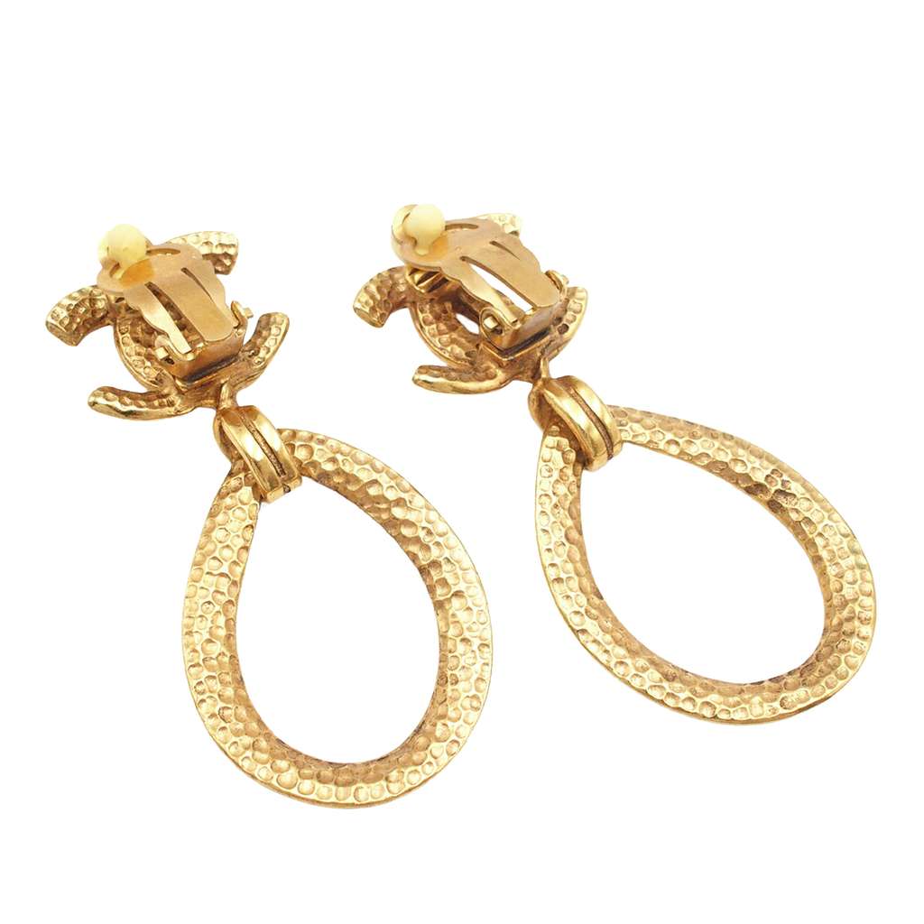 Chanel CC Gold Plated Teardrop Dangle Hoop Clip On Earrings - 3
