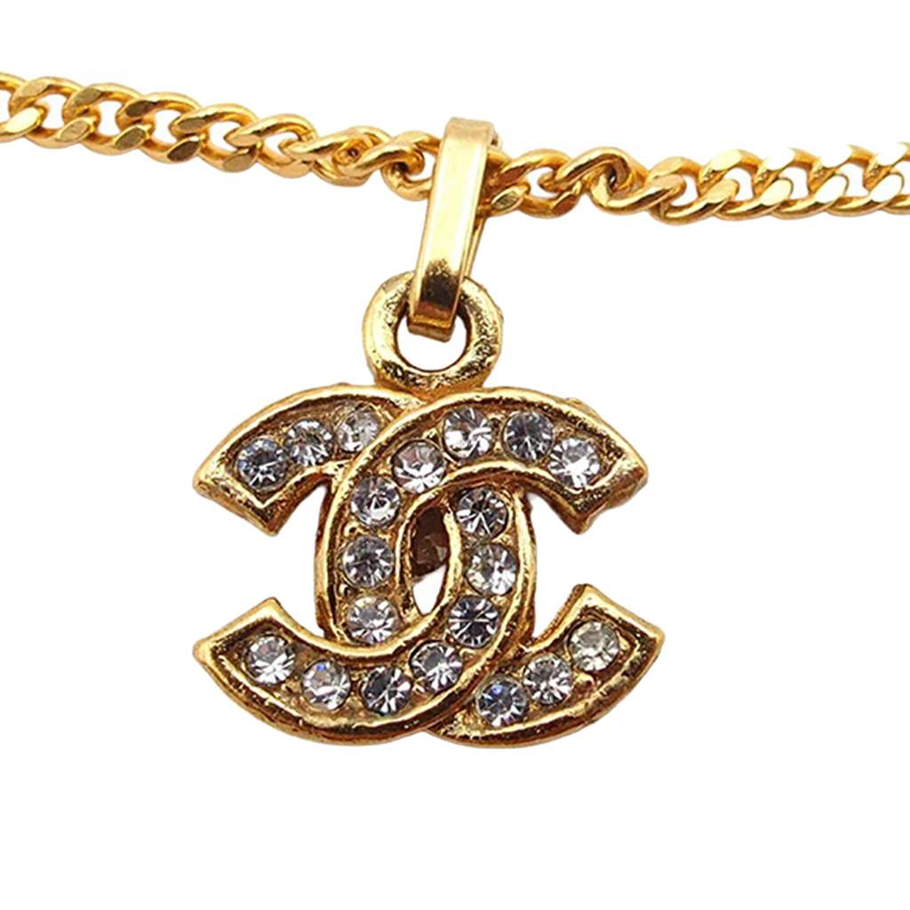 Chanel Gold Plated CC Rhinestone Pendant Necklace