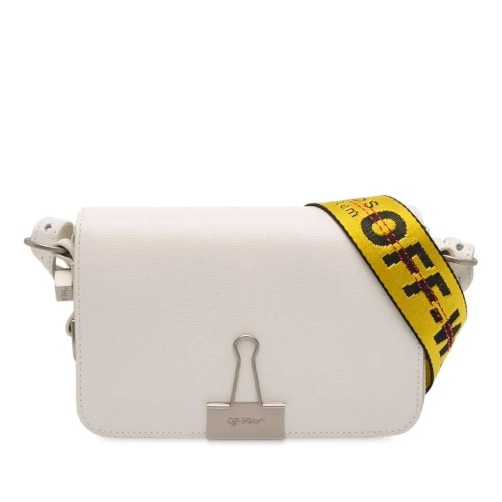 Off-white Mini Leather Binder Clip Flap Bag White Leather Good - Front View