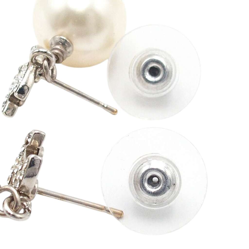 Chanel CC Silver Plated Crystal Faux Pearl Drop Push Back Earrings - 3