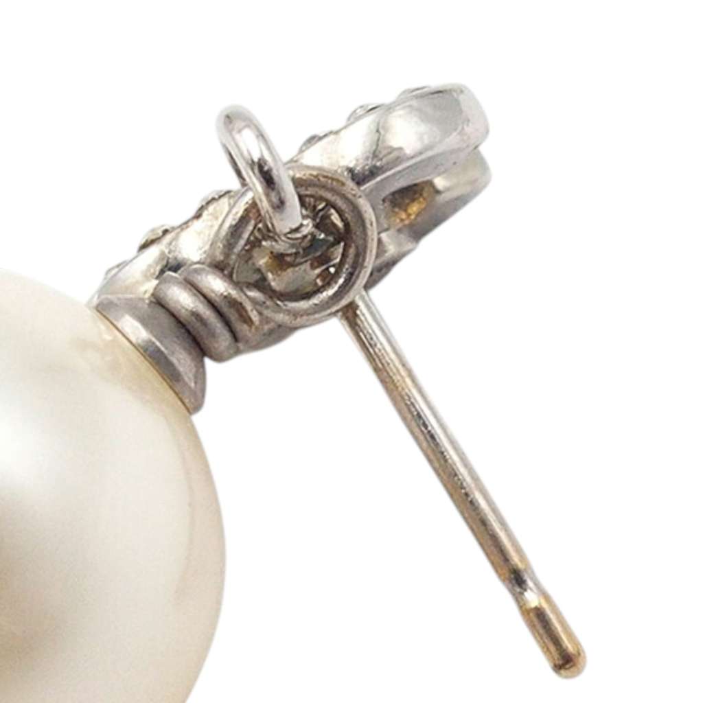 Chanel CC Silver Plated Crystal Faux Pearl Drop Push Back Earrings - 4
