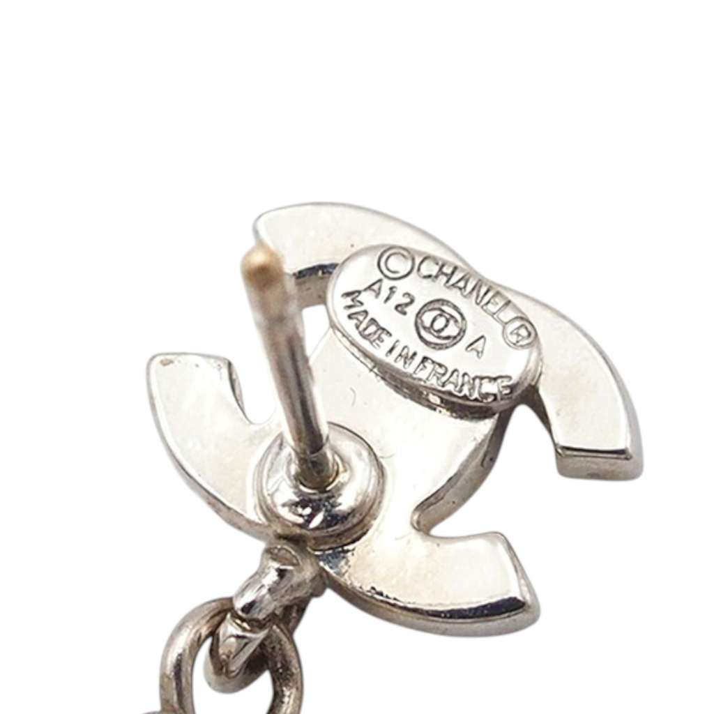 Chanel CC Silver Plated Crystal Faux Pearl Drop Push Back Earrings - 5