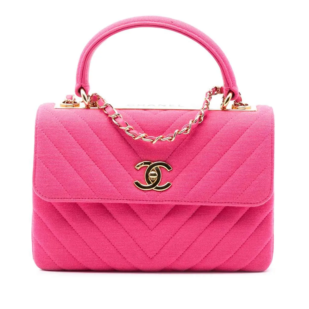 Chanel Small Chevron Jersey Trendy CC Top Handle Flap Pink Cotton Very good - Front View