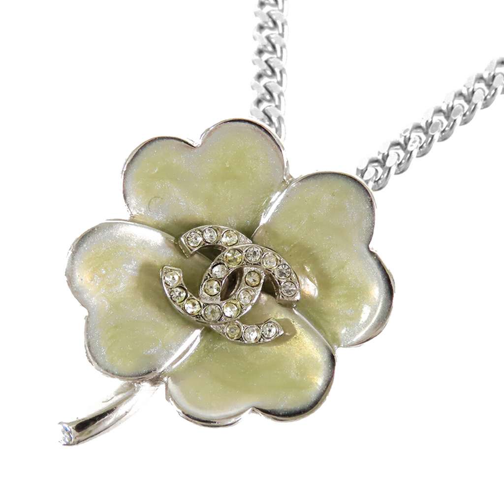 Chanel CC Silver Plated Crystal Clover Pendant Necklace - 2