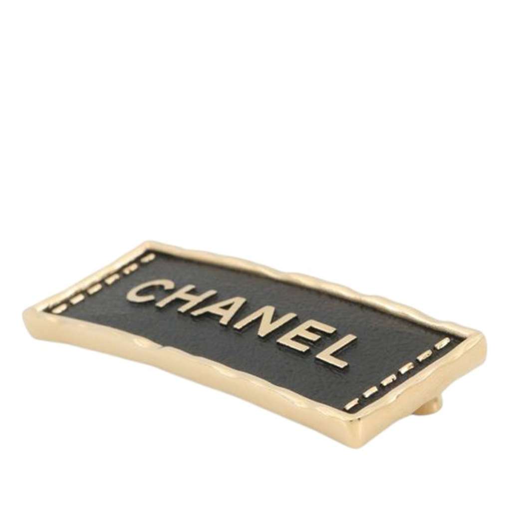 Chanel Gold Plated and Leather Logo Plate Brooch - 3