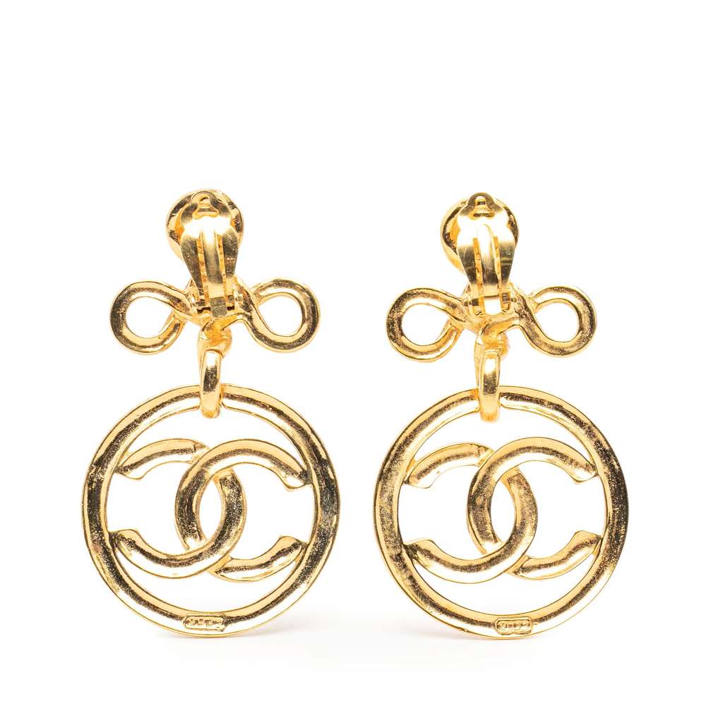Chanel Gold Plated CC Round Drop Clip On Earrings - 2