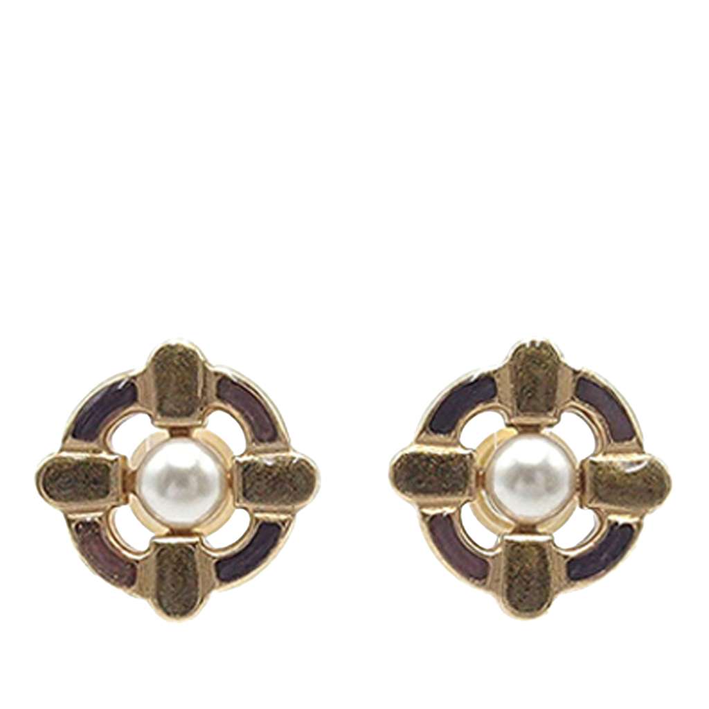 Chanel Gold Plated Enamel Maltese Cross and Faux Pearl Push Back Earrings