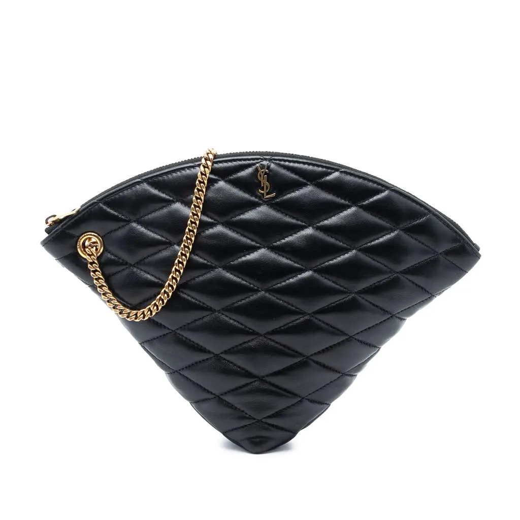 Saint Laurent Large Quilted Lambskin Sade Triangle Pouch Black Leather Very good - Front View
