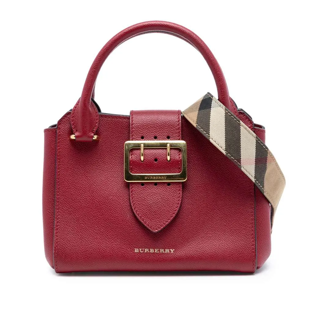 Burberry Small Grained Leather Buckle Tote Red Leather Good - Front View