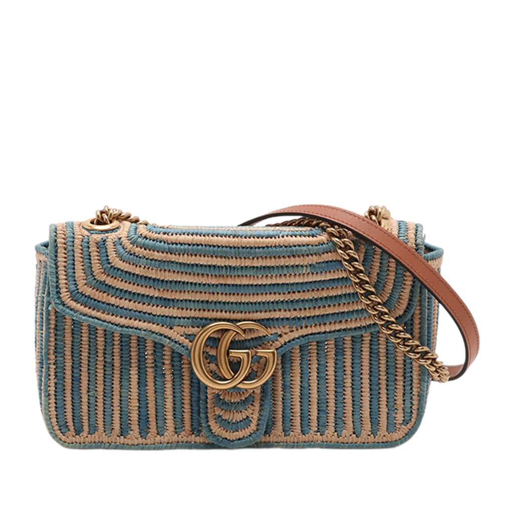 Gucci Medium GG Marmont Bicolor Matelasse Straw Shoulder Bag