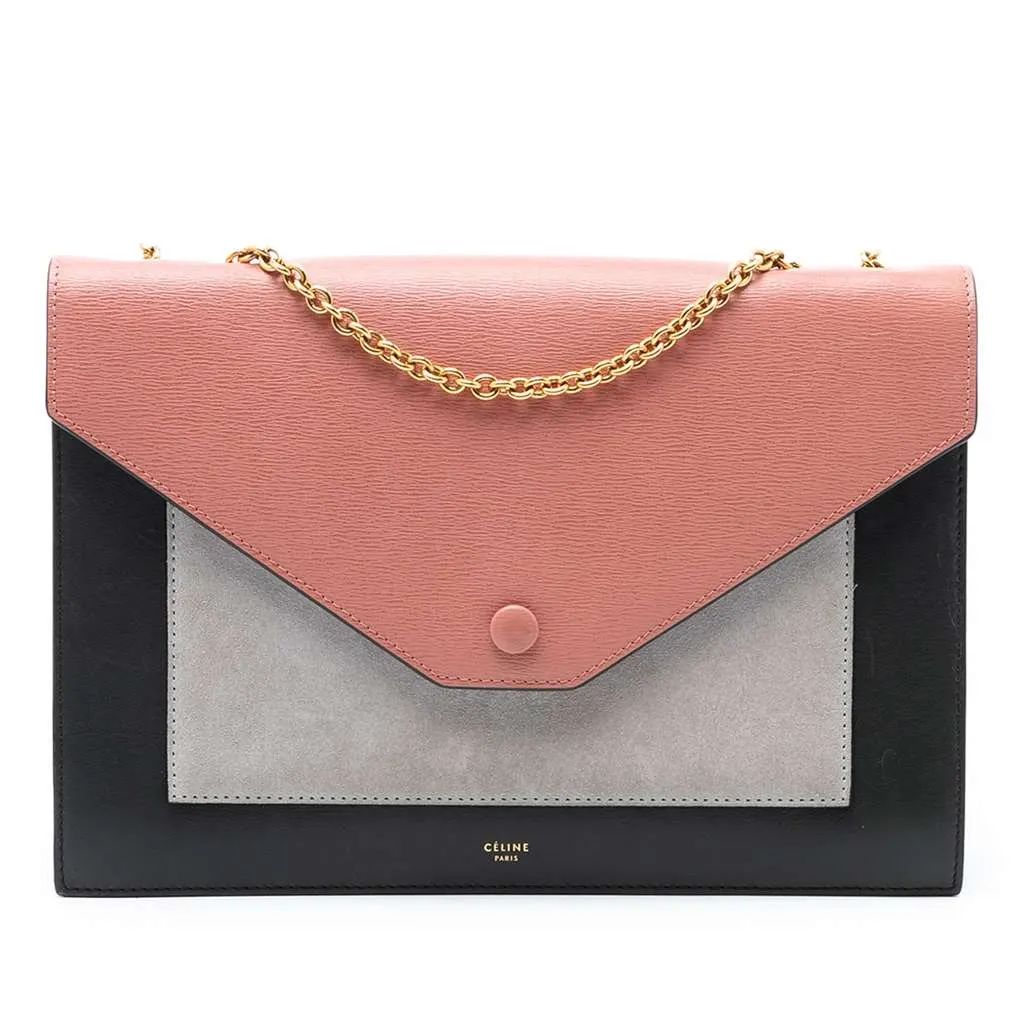 Celine Tricolor Leather and Suede Pocket Envelope Wallet on Chain Black Leather Very good - Front View