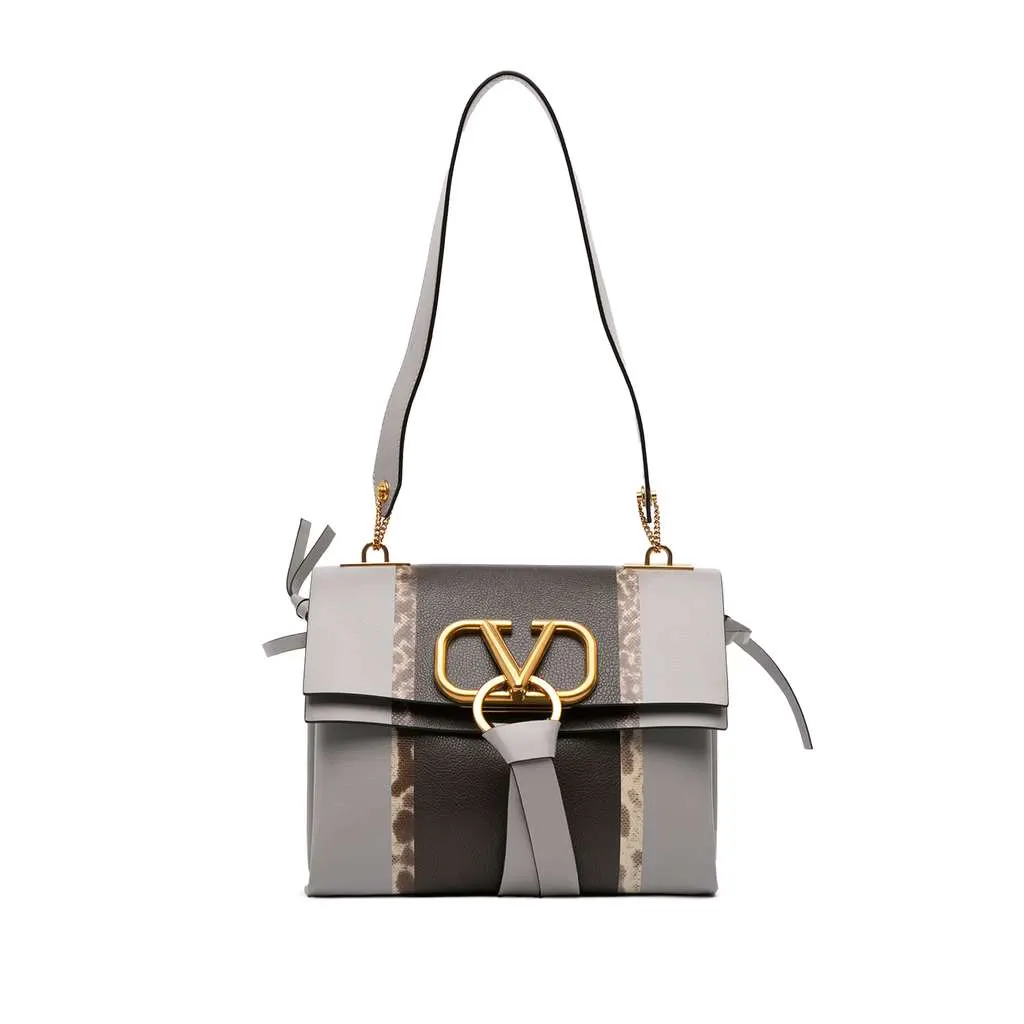 Valentino Small Watersnake Trimmed Colorblock Calfskin Vring Shoulder Bag Grey Leather Good - Front View