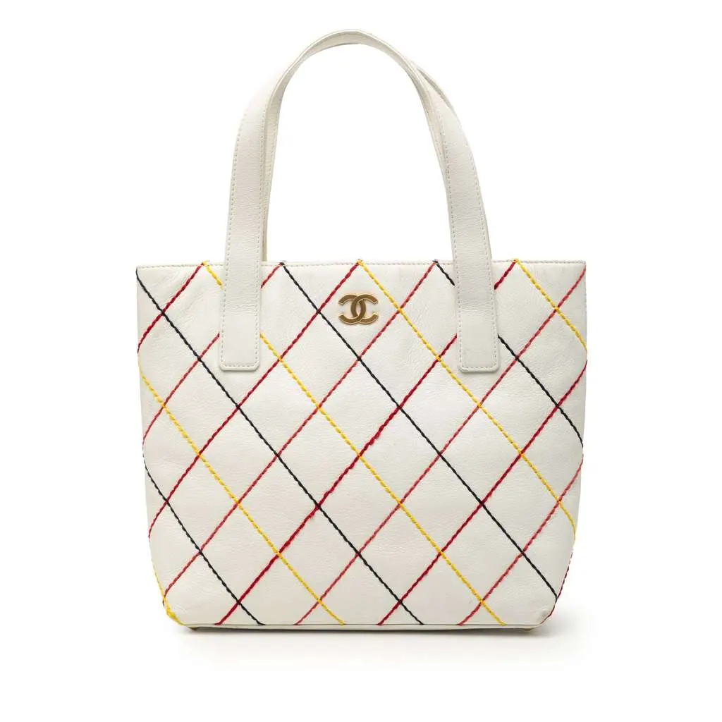 Chanel CC Wild Stitch Calfskin Handbag White Leather Good - Front View
