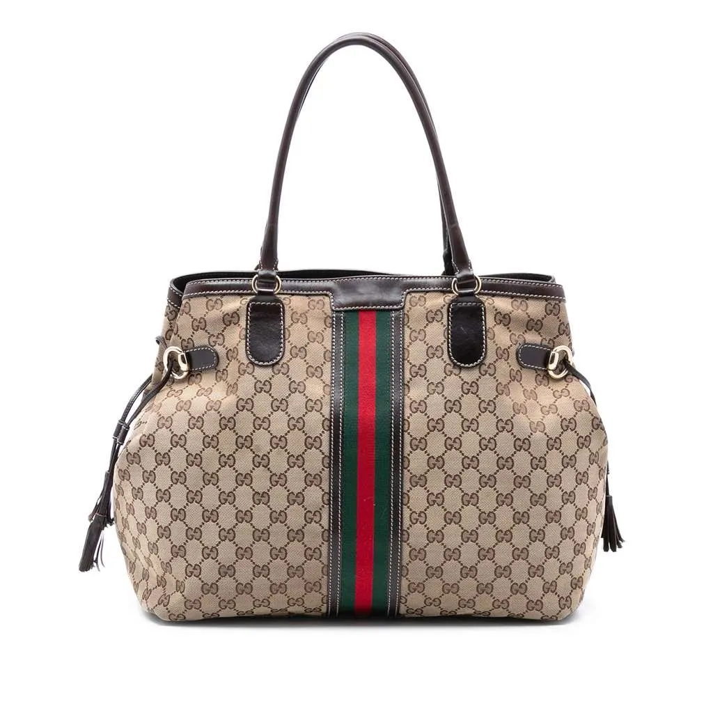 Gucci GG Canvas Web Tassel Tote Brown Canvas Good - Front View