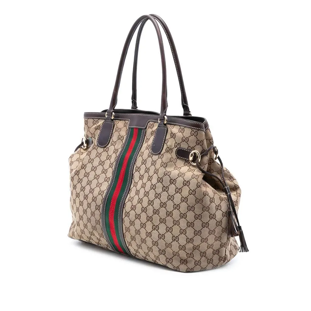 Gucci GG Canvas Web Tassel Tote Brown Canvas Good - Back View