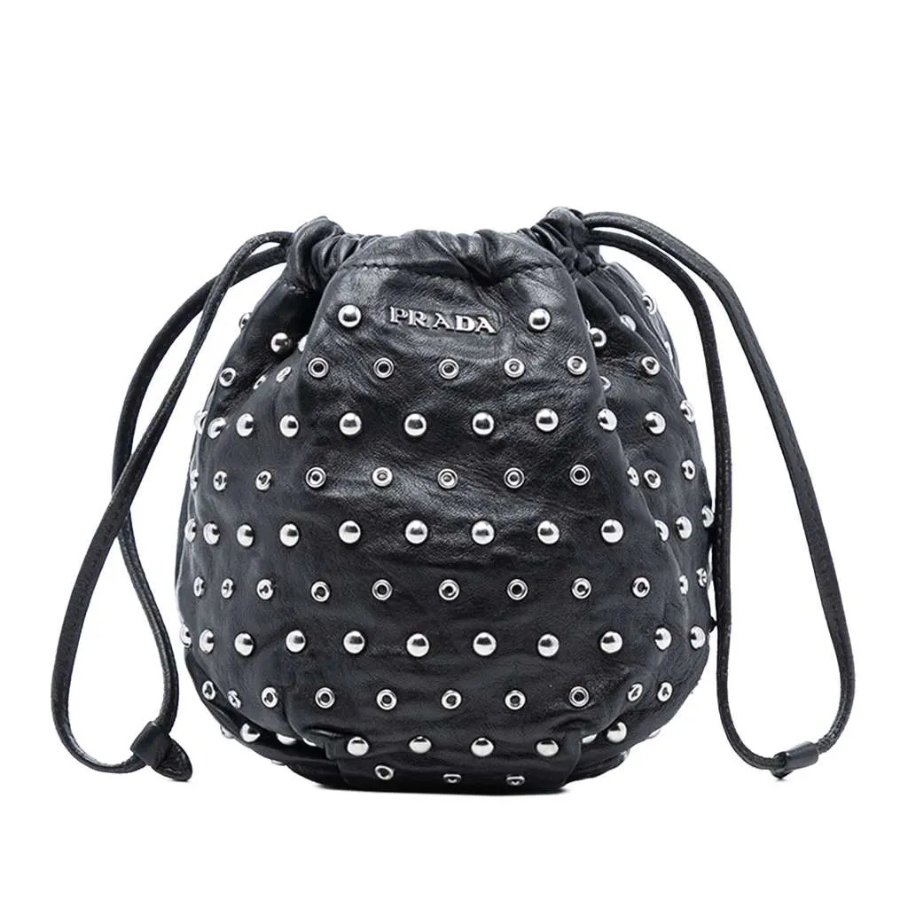 Prada Studded Leather Drawstring Pouch Black Leather Good - Front View