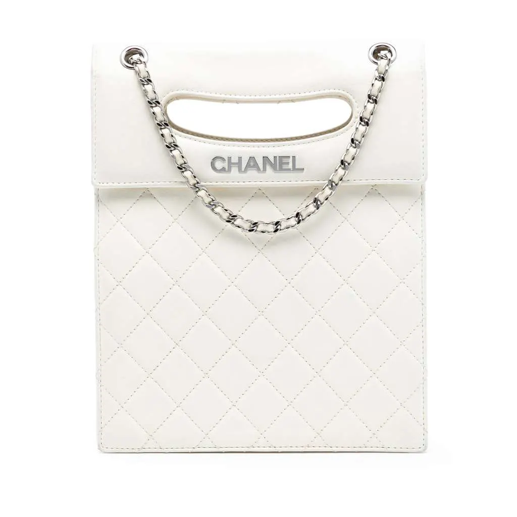 Chanel Quilted Lambskin Delivery Cutout Handle Bag White Leather Very good - Front View
