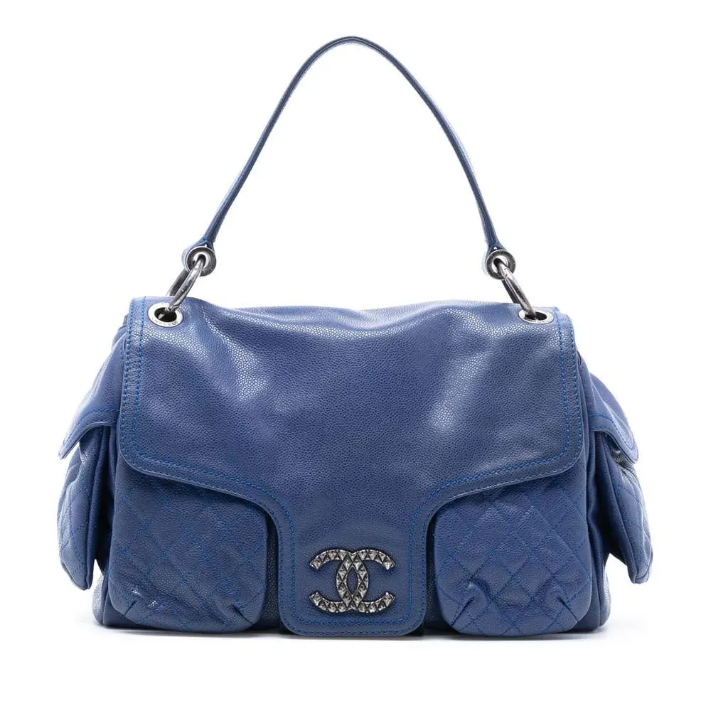 Chanel Glazed Caviar Coco Rider Multi Pocket Rider Flap Blue Leather Very good - Front View
