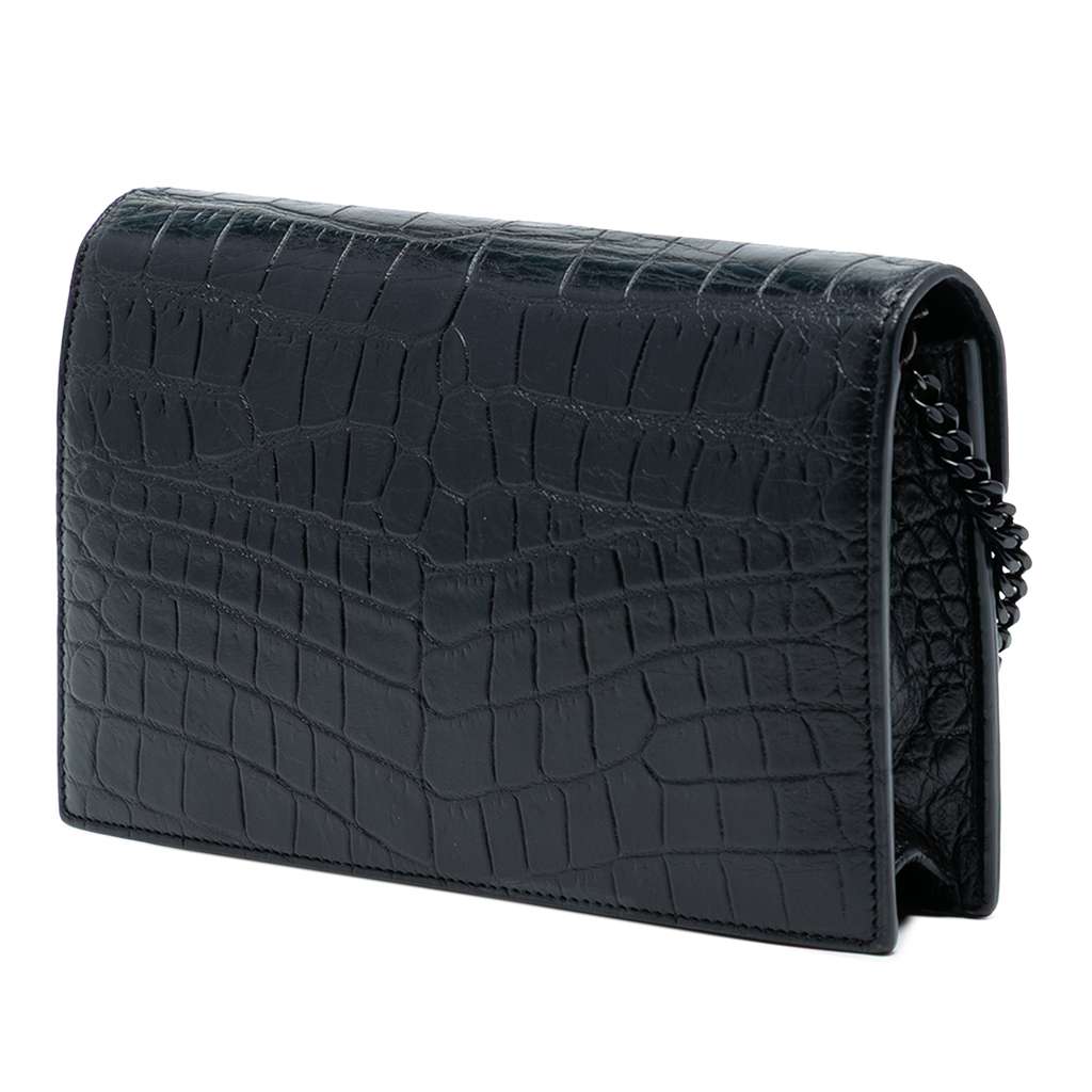 Saint Laurent Croc Embossed Leather Monogram Monochrome Envelope Chain Wallet - 2