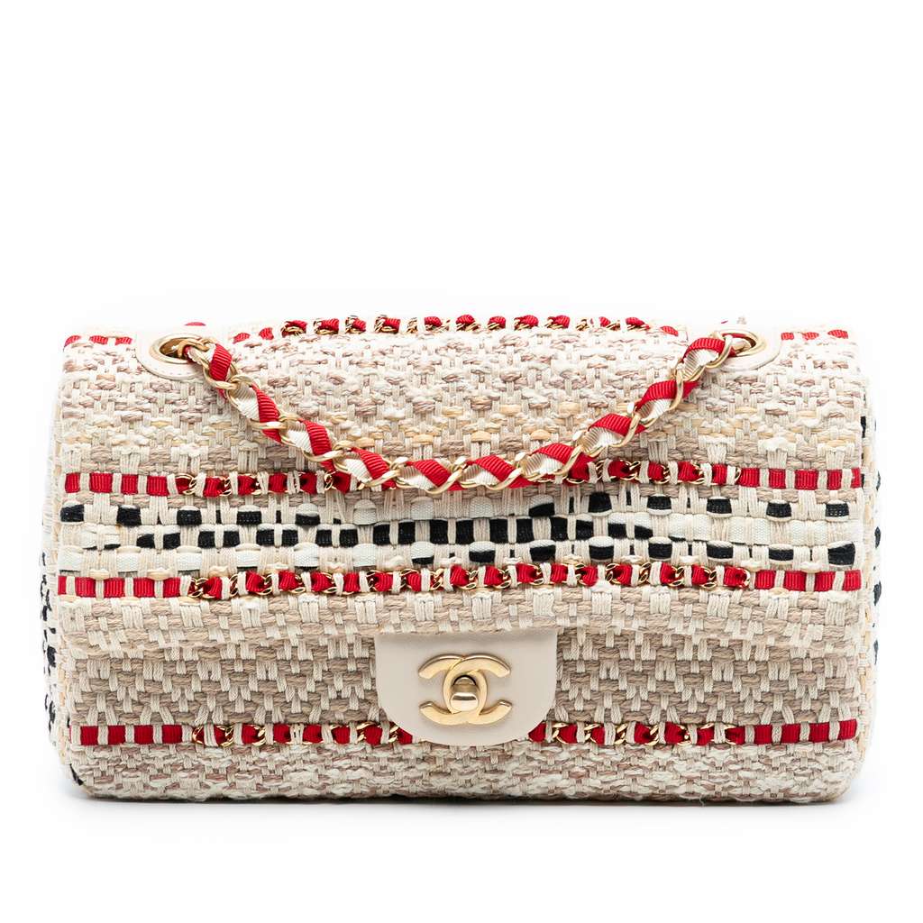 Chanel Medium Classic Tweed and Raffia Single Flap