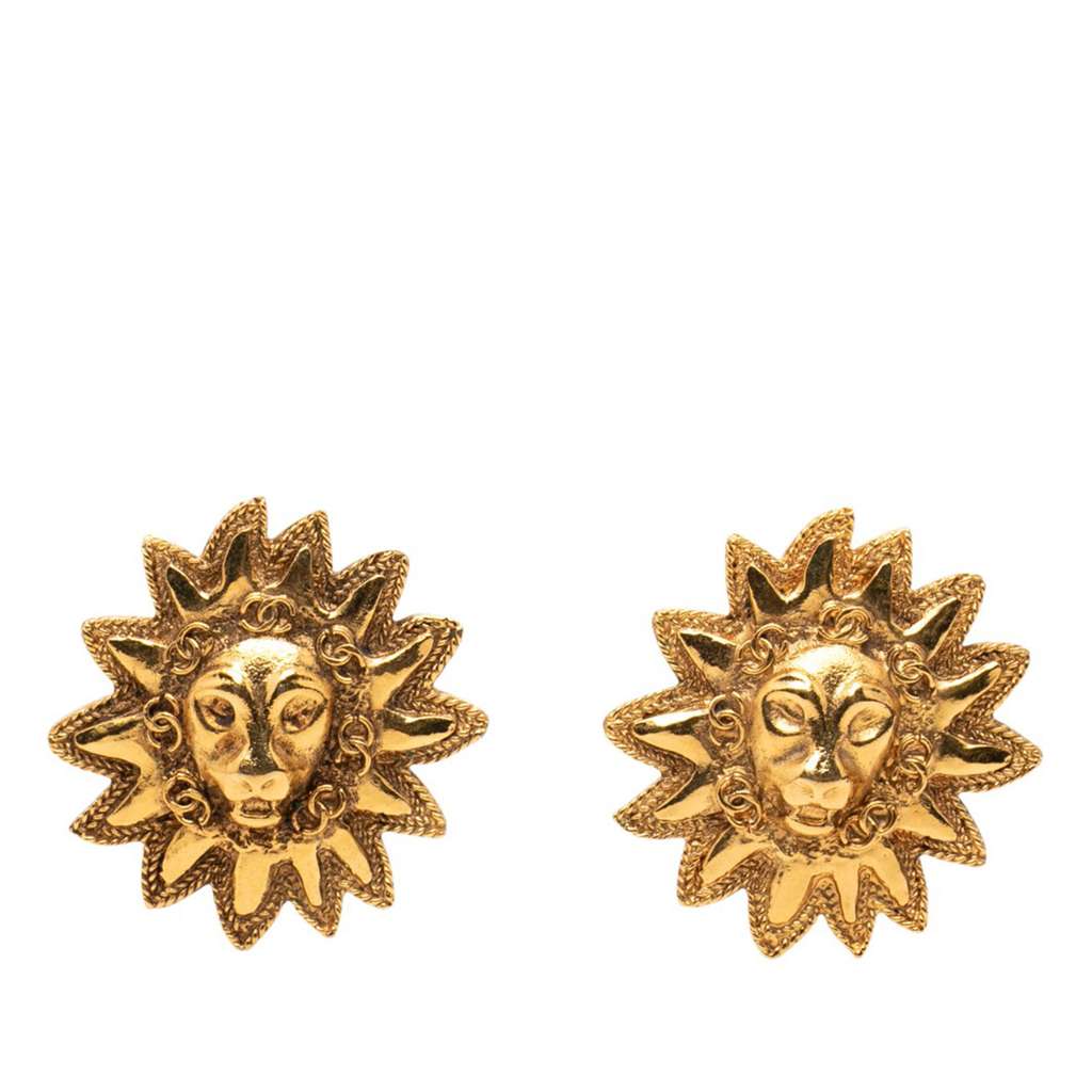 Chanel CC Gold Plated Lion Sunburst Clip on Earrings