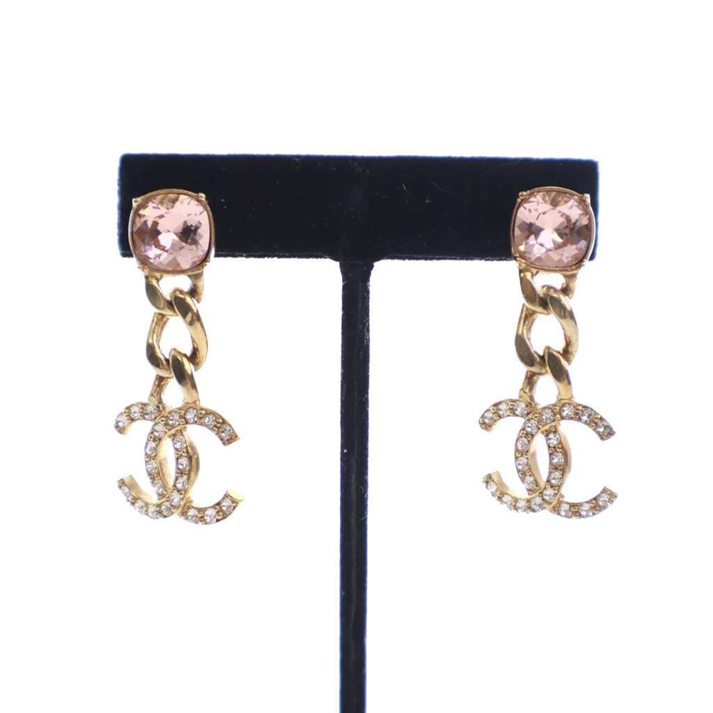 Chanel CC Gold Plated Crystal Drop Push Back Earrings - 2