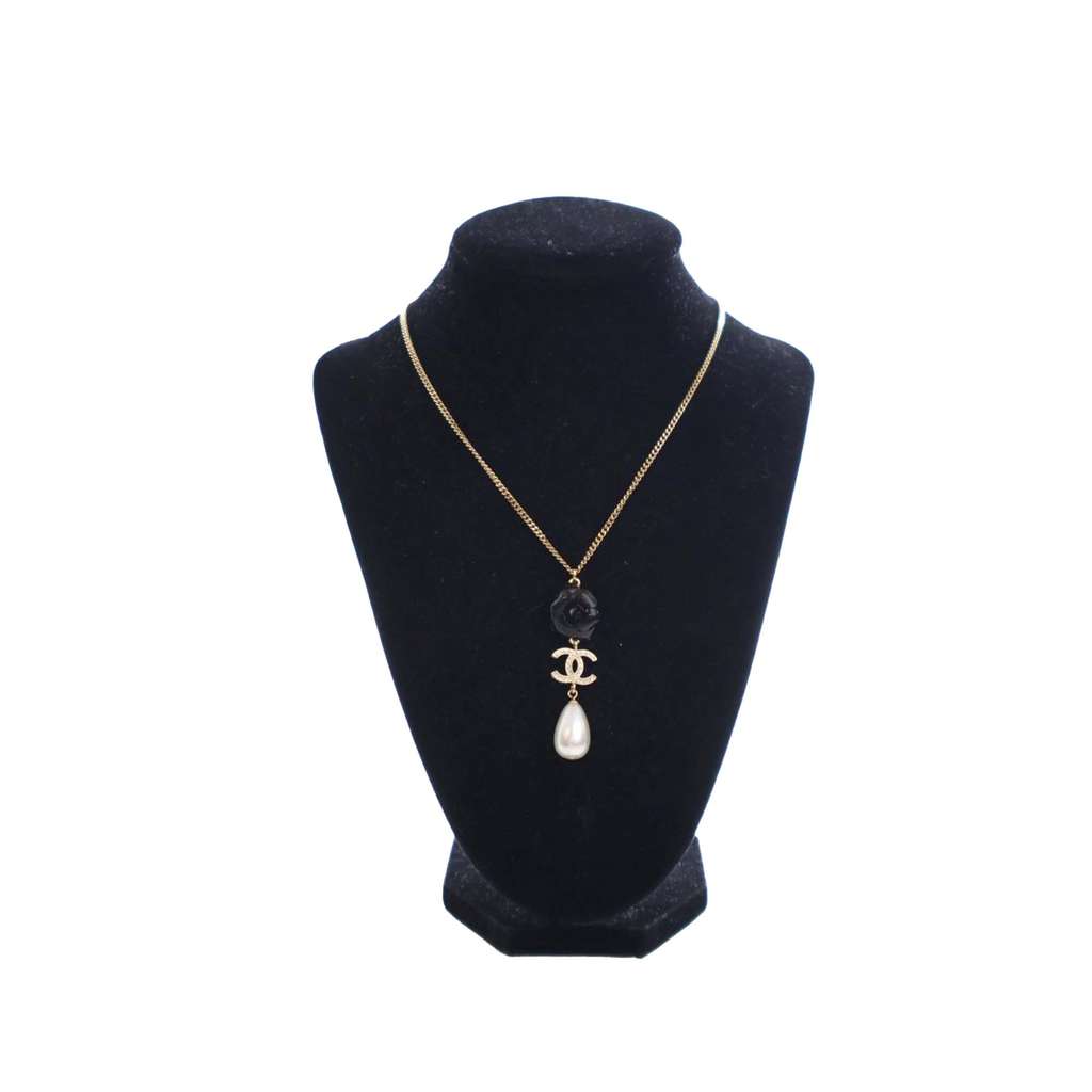 Chanel CC Gold Plated Faux Pearl and Crystal Drop Pendant Necklace