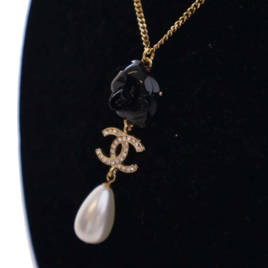 Chanel CC Gold Plated Faux Pearl and Crystal Drop Pendant Necklace - 2