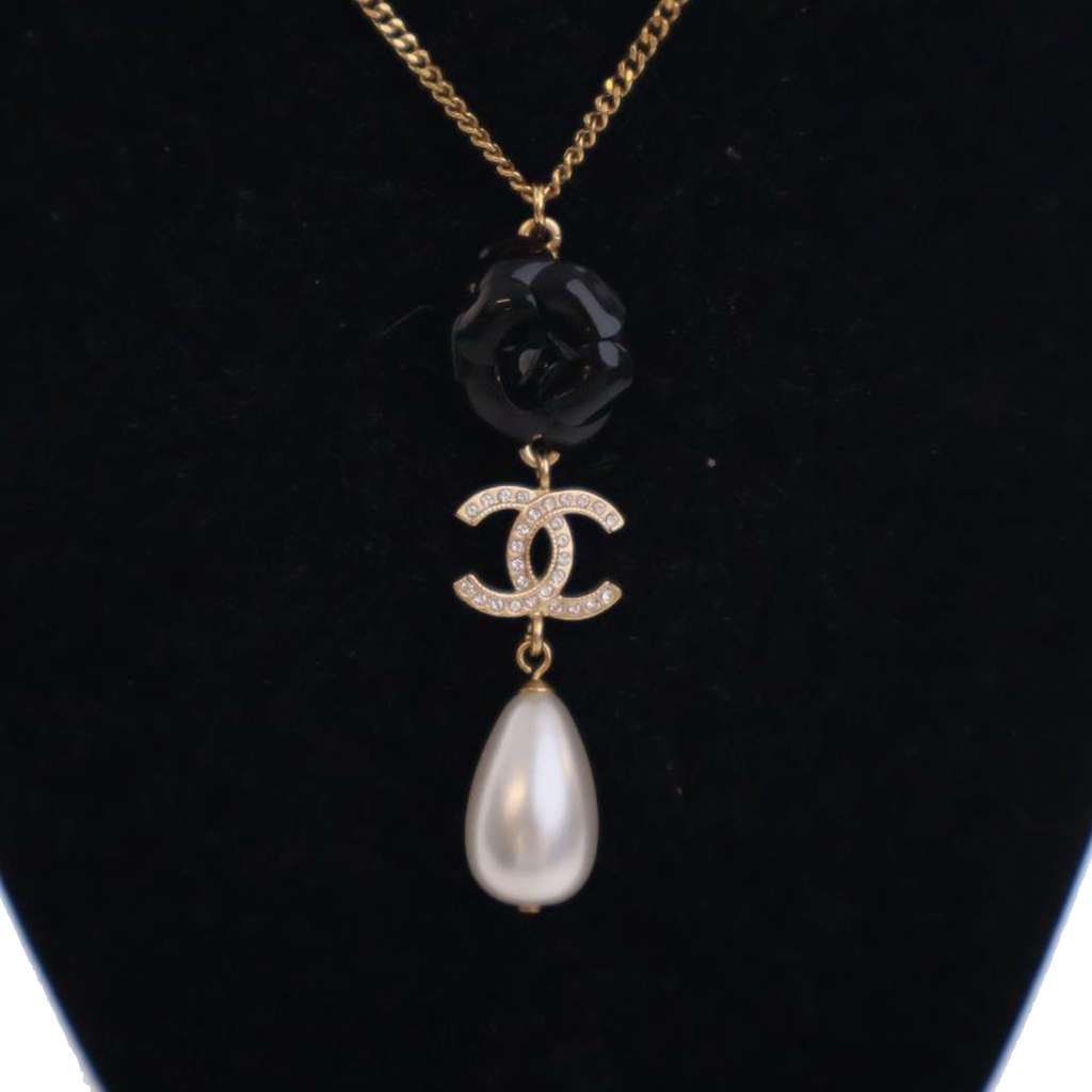 Chanel CC Gold Plated Faux Pearl and Crystal Drop Pendant Necklace - 4