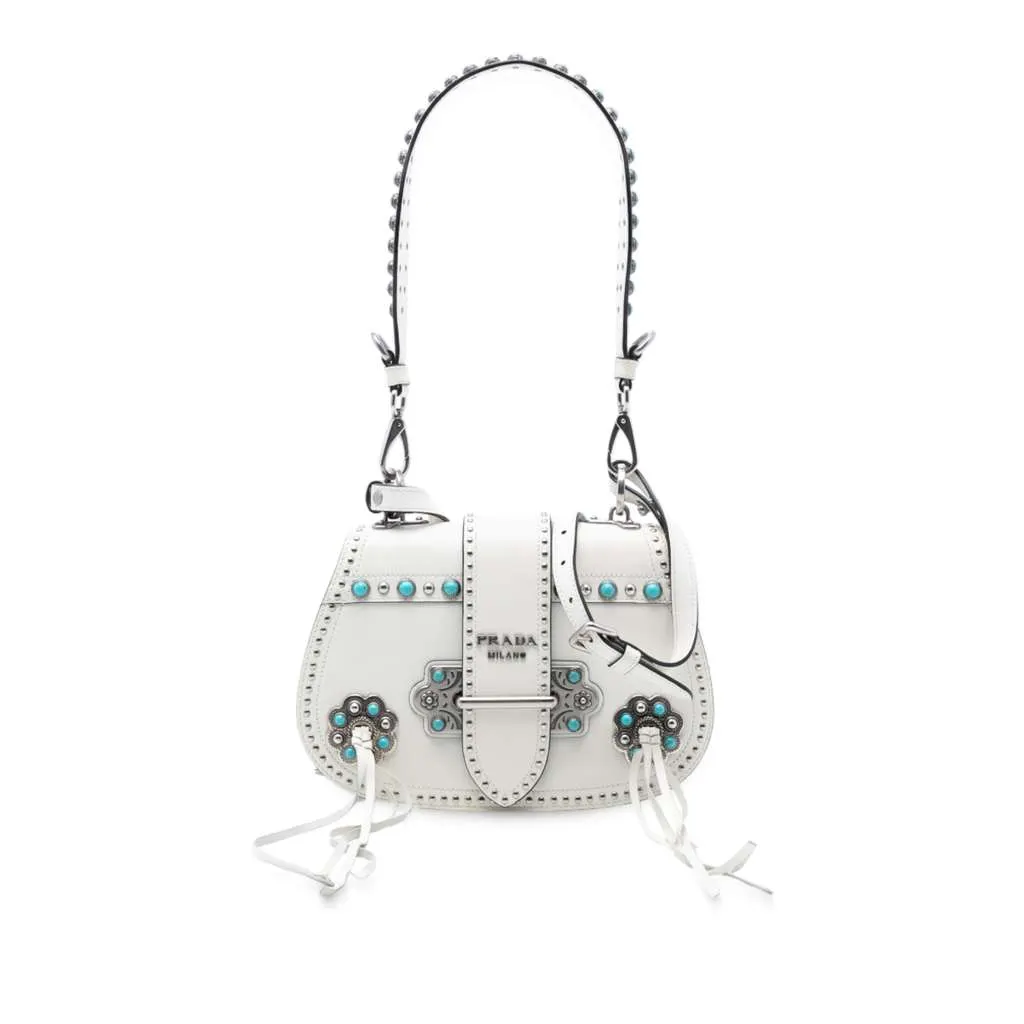 Prada City Calf Studded Folk Corsiere Satchel White Leather Very good - Front View