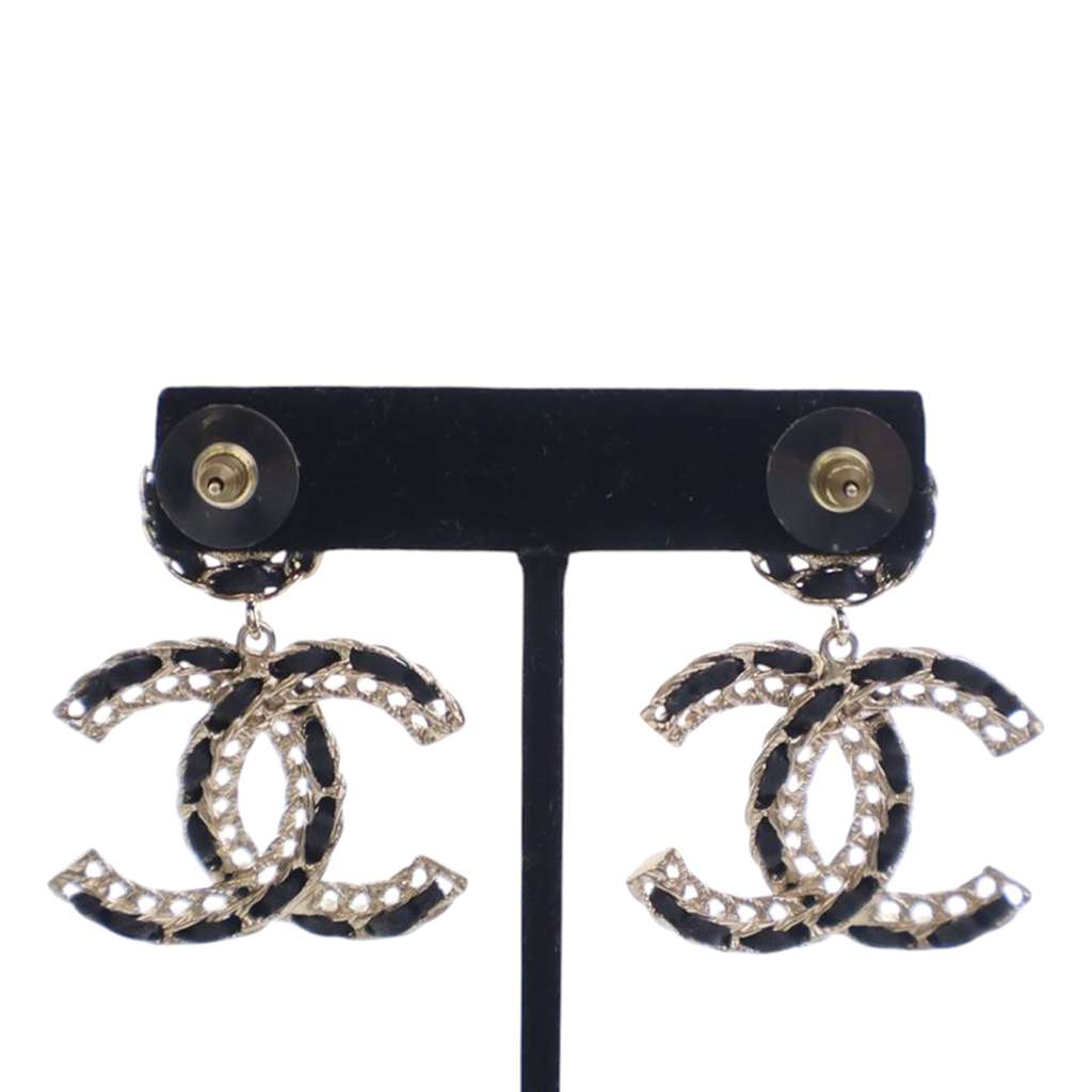 Chanel CC Gold Plated Leather Woven Drop Push Back Earrings - 2