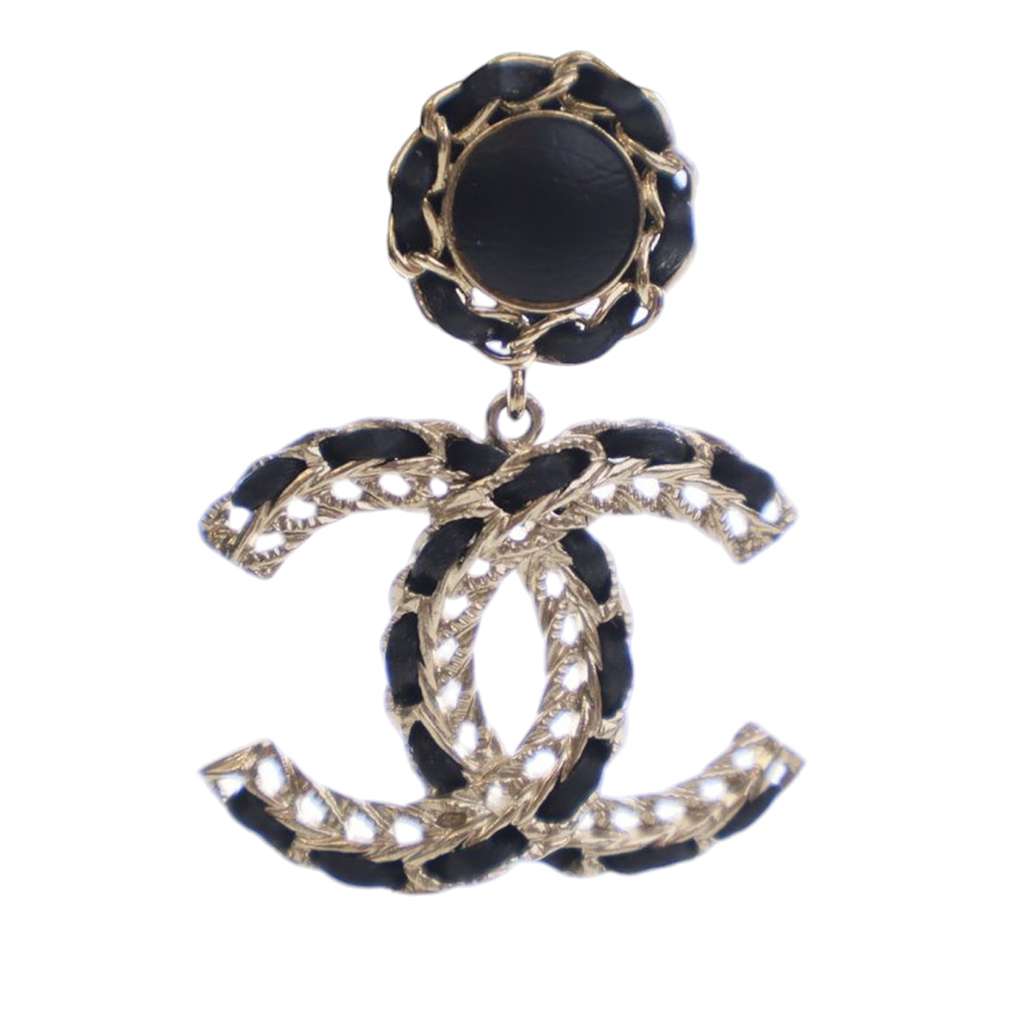 Chanel CC Gold Plated Leather Woven Drop Push Back Earrings - 3