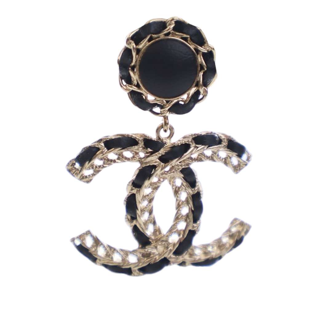 Chanel CC Gold Plated Leather Woven Drop Push Back Earrings - 4