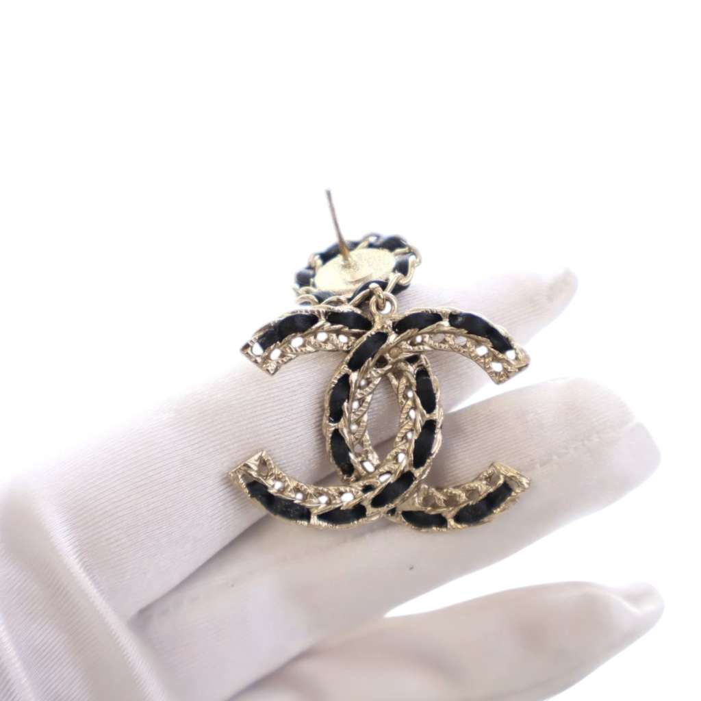 Chanel CC Gold Plated Leather Woven Drop Push Back Earrings - 5