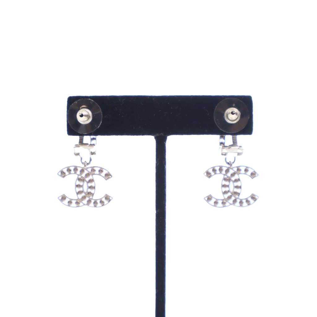 Chanel CC Silver Plated Crystal Push Back Earrings - 2