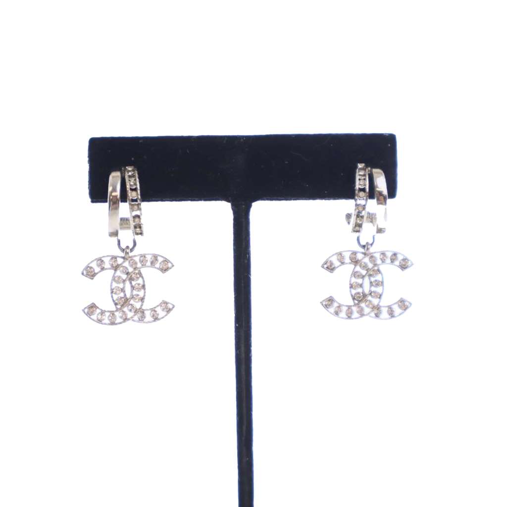 Chanel CC Silver Plated Crystal Push Back Earrings - 3