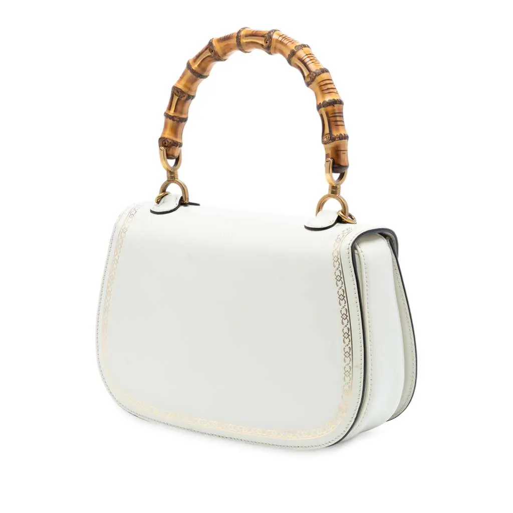 Gucci Calfskin Frame Print Bamboo Top Handle Bag White Leather Good - Back View