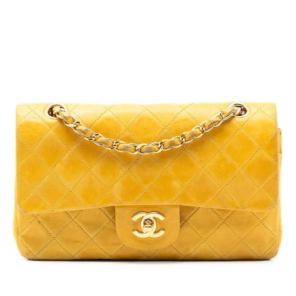 Chanel Small Classic Lambskin Double Flap Yellow Leather Good - Front View