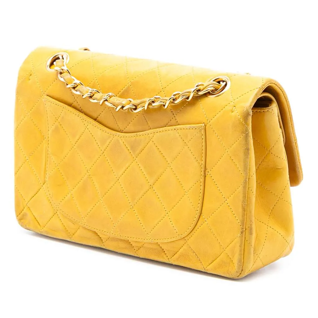 Chanel Small Classic Lambskin Double Flap Yellow Leather Good - Back View