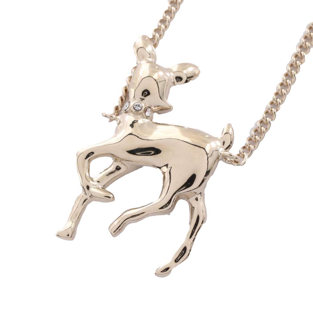 Chanel CC Gold Plated Faux Pearl and Rhinestone Deer Pendant Necklace - 2