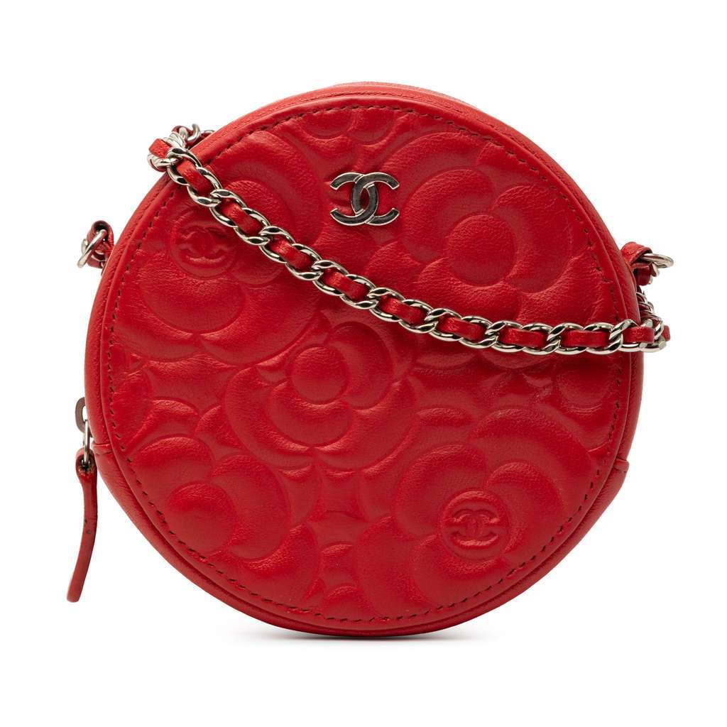 Chanel CC Goatskin Camellia Round Clutch With Chain