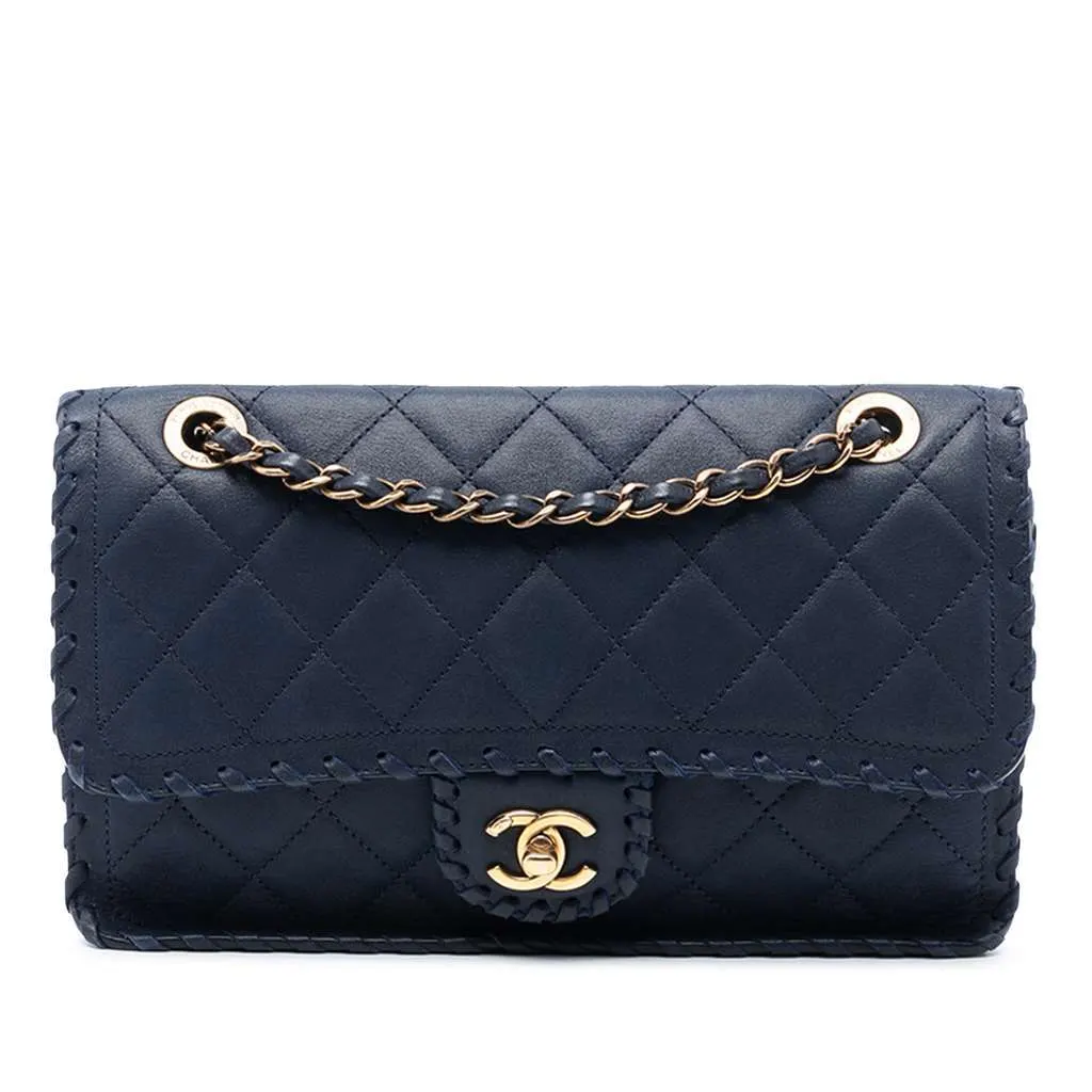 Chanel Medium Quilted Iridescent Calfskin Happy Stitch Flap Blue Leather Good - Front View