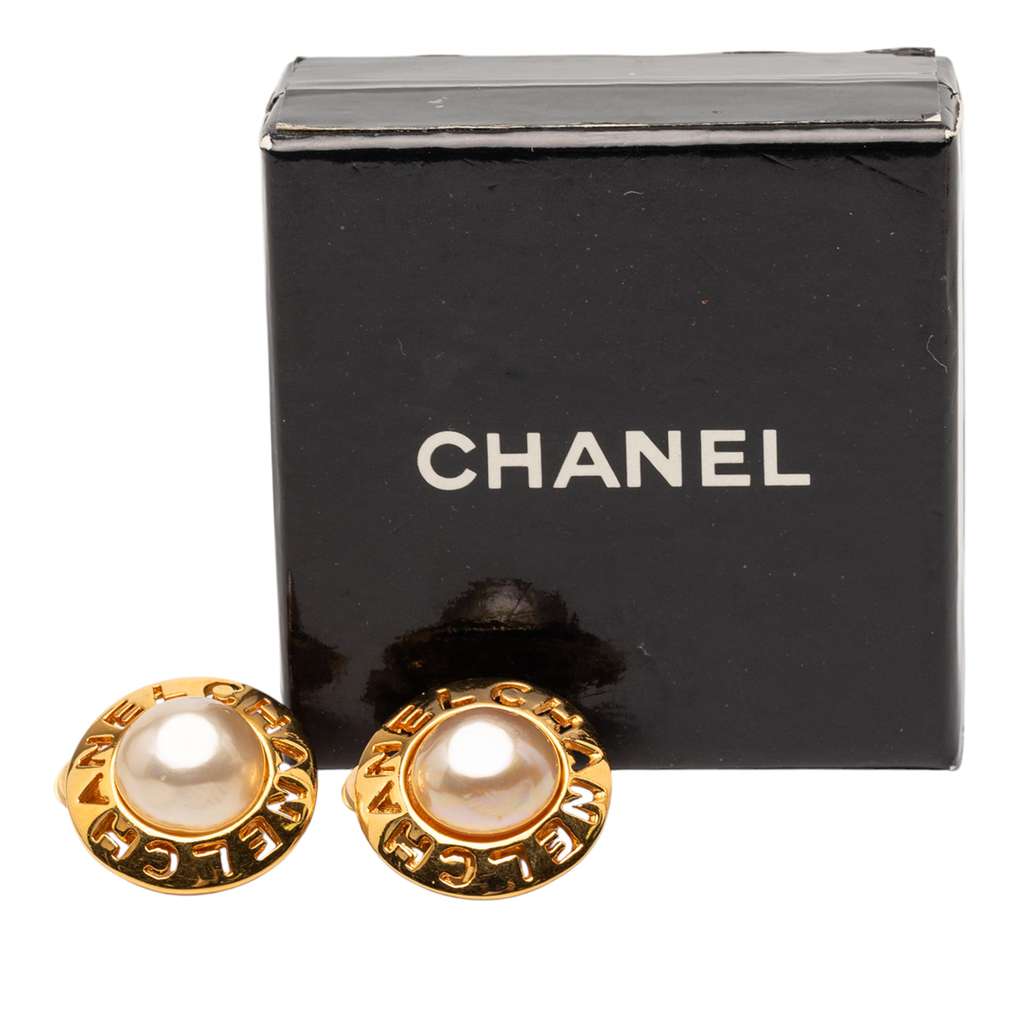 Chanel Gold Plated Faux Pearl Logo Clip On Earrings - 4