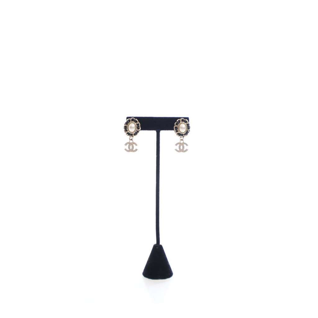 Chanel CC Gold Plated Leather and Faux Pearl Drop Push Back Earrings