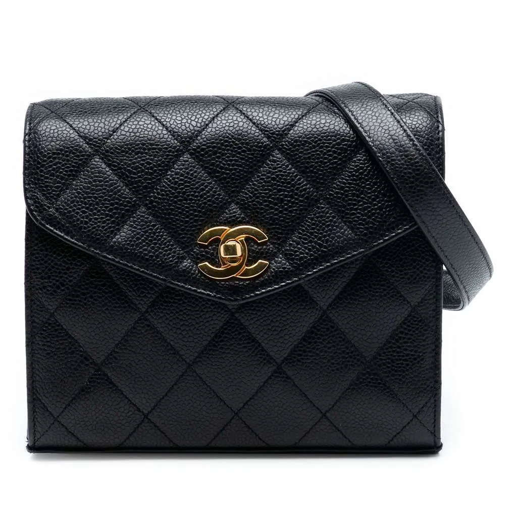 Chanel Mini CC Quilted Caviar Envelope Flap Black Leather Very good - Front View