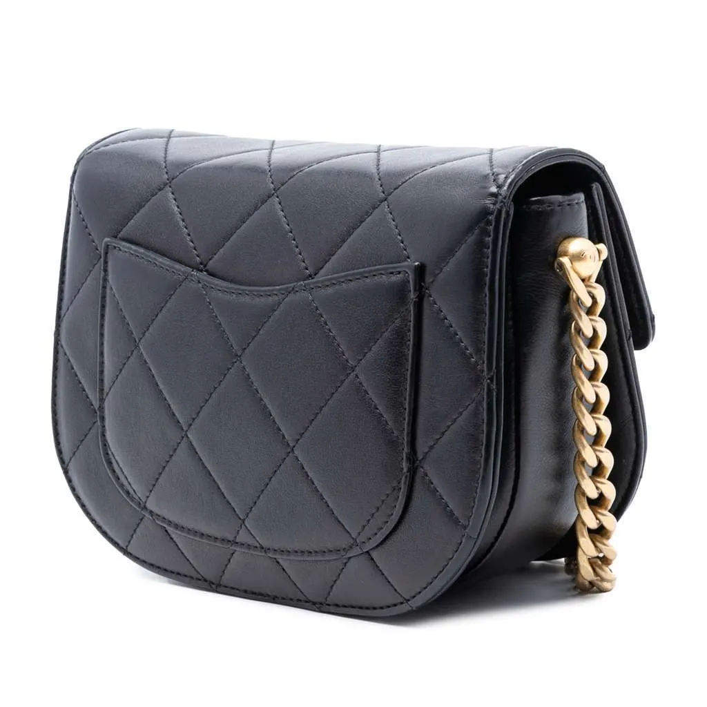 Chanel Mini CC Quilted Shiny Calfskin Round Moon Messenger Flap Black Leather Very good - Back View